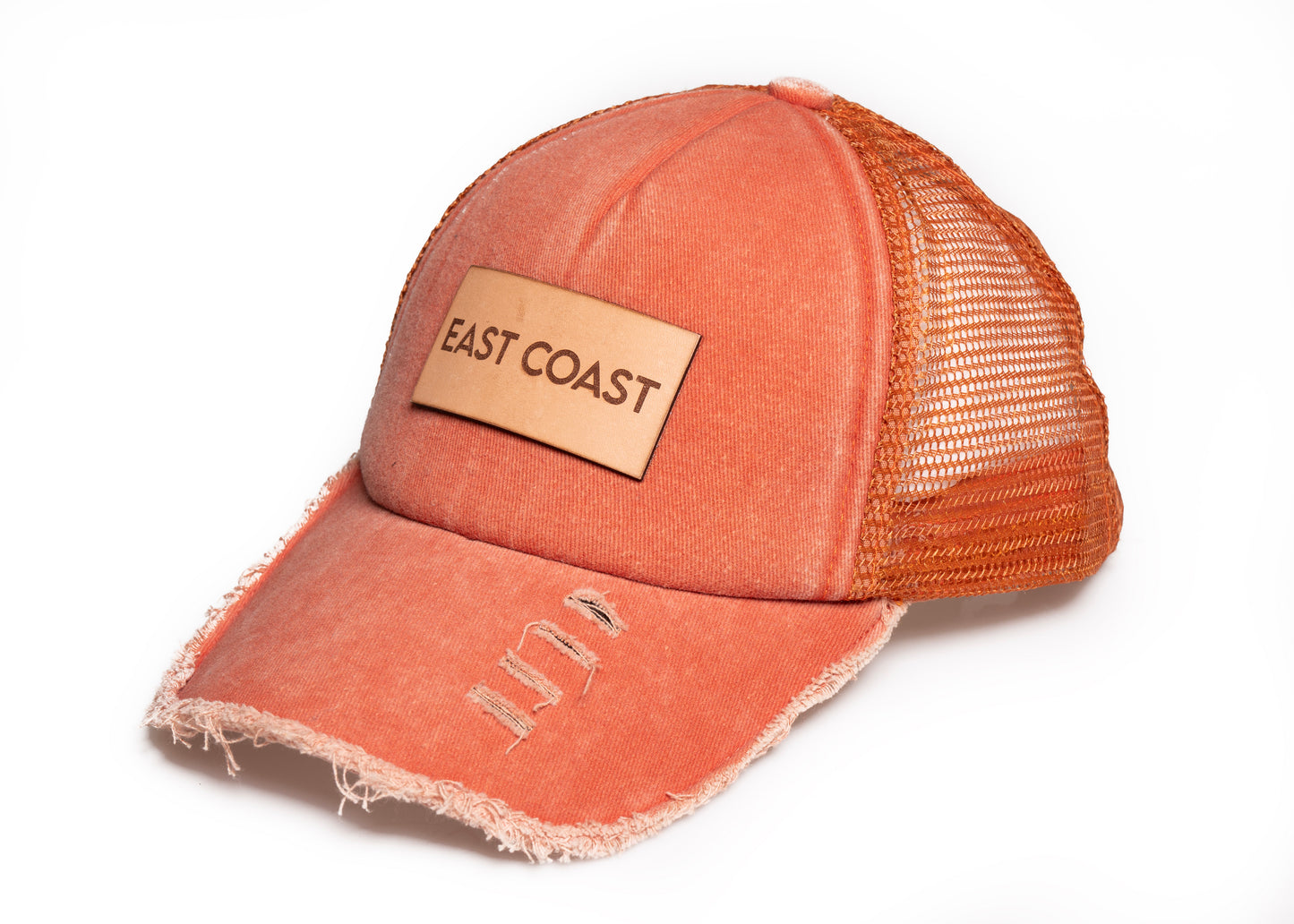 Distressed East Coast Leather Patch Hat in Orange