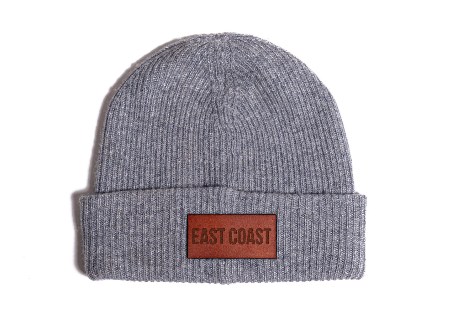 East Coast Wool/Cashmere Beanie in Gray with Brown Leather