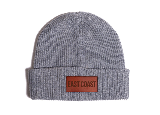 East Coast Wool/Cashmere Beanie in Gray with Brown Leather